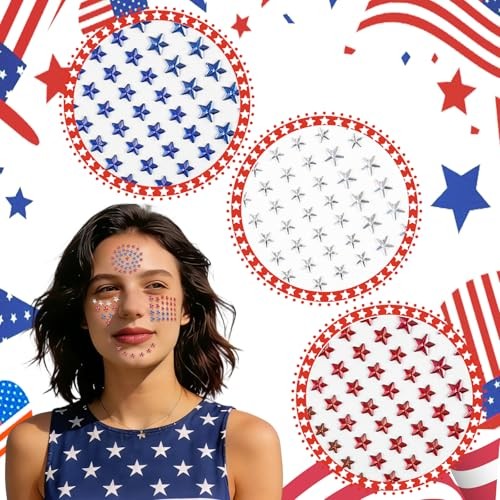 Patriotic Star Rhinestone Face Stickers Set – 6 Sheets Red White Blue 3D Self