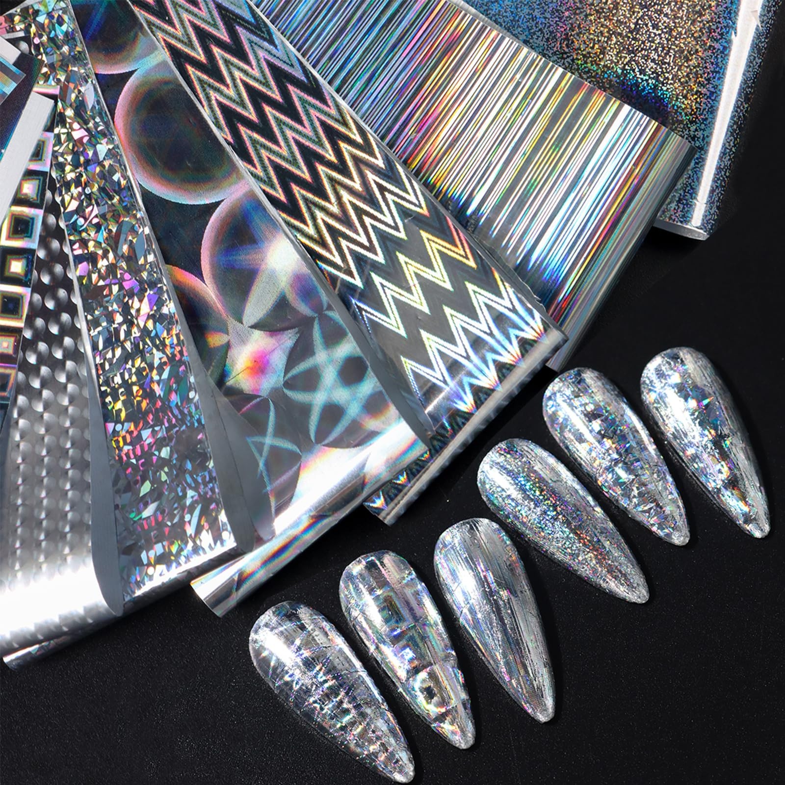 10 Sheets Holographic Nail Art Foil Transfer Stickers, Iridescent Laser Nail …