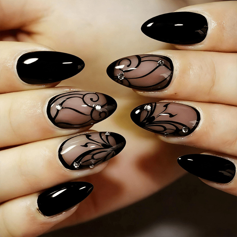 48pcs Almond Press on Nails, Black Smoke Vines Line Rhinestone Gothic Nails