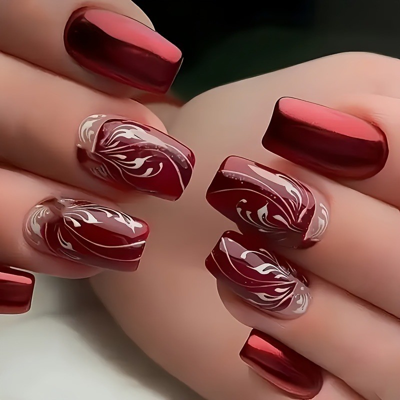 48 Pcs of Red and White Square Embossed Nails, Removable and Reusable Fake Nails