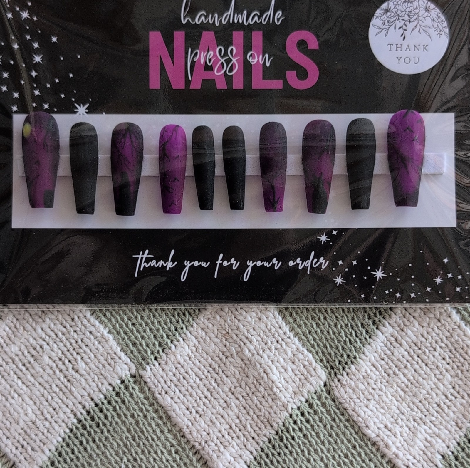 Handmade Press-On Nails Long Coffin Purple Black Sized Extra Small