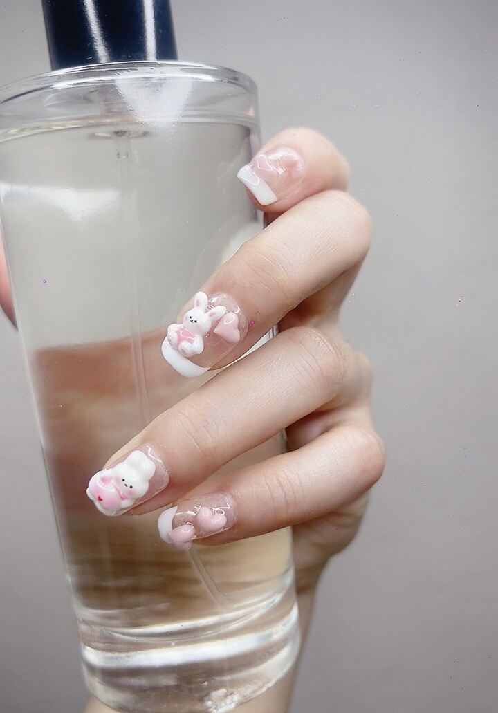 Press On Nails (#073) Pink Rabbit Short with Character Design and White Glitter