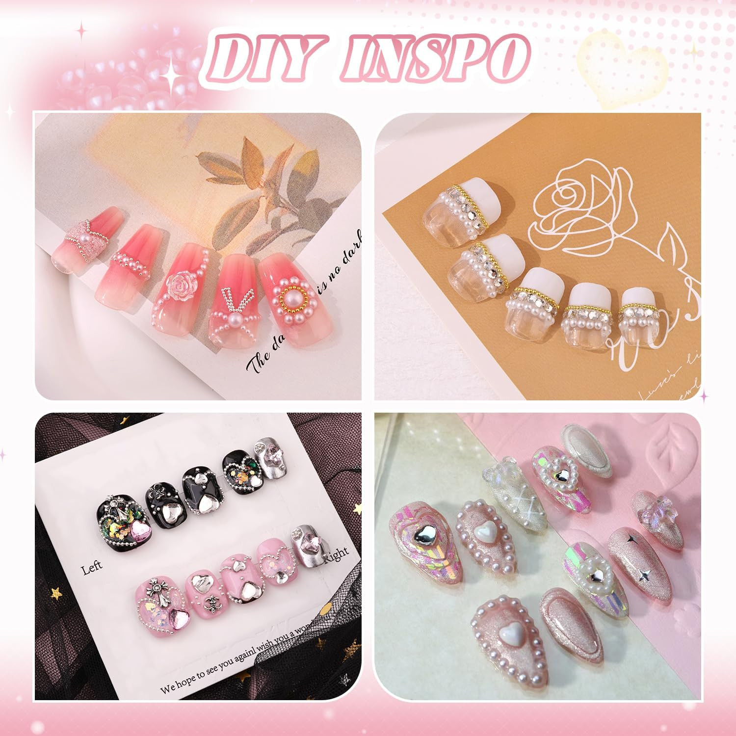 2 Boxes Flatback Pearls (White+Beige) and Silver+Gold Nail Beads for Nail Art wi