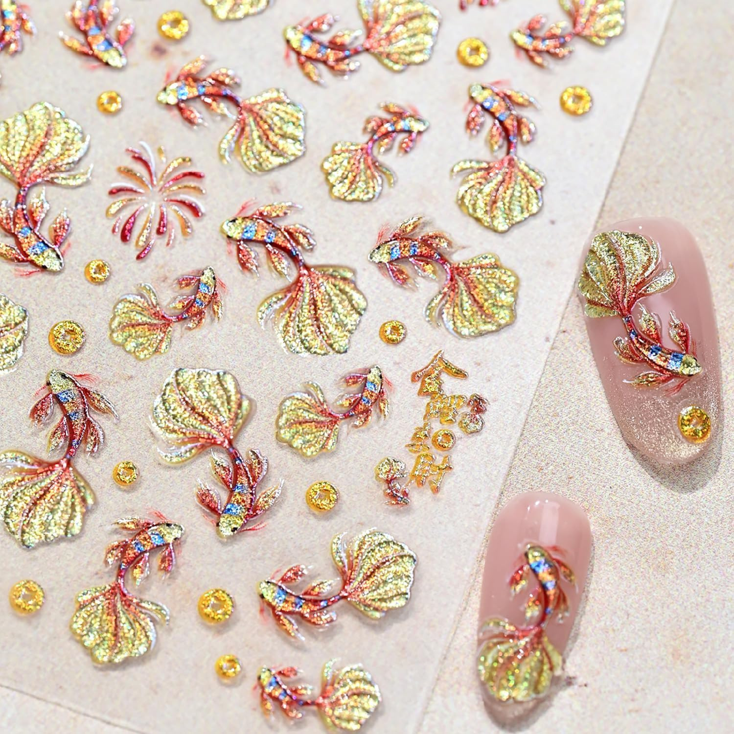 5D Embossed Goldfish Nail Stickers for Nail Art Self Adhesive Koi Gold Flower Na