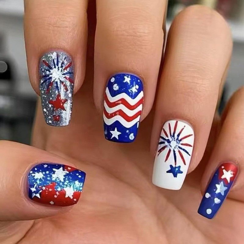 48pcs-USA Themed Press on Nails with Fireworks, Chevron and Stars, Glossy Square