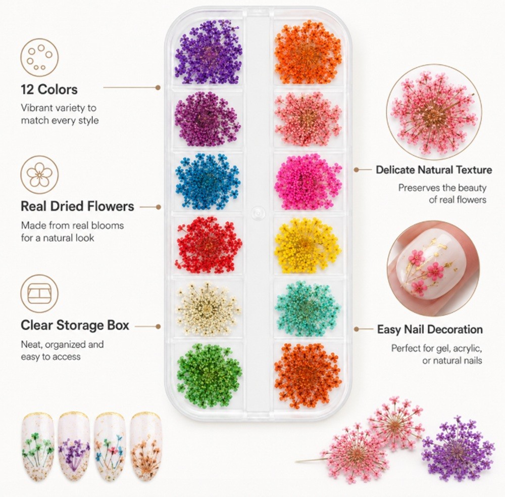 12-Color Real Dried Flowers Nail Art Set – 3D Decors DIY Manicure Tips Box