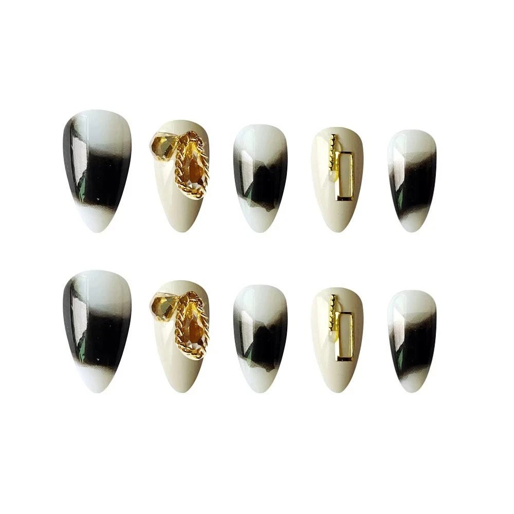 Secret Lives 24 PCS Reusable Fake Nails Set | White with Dark Grey Patch & Golde