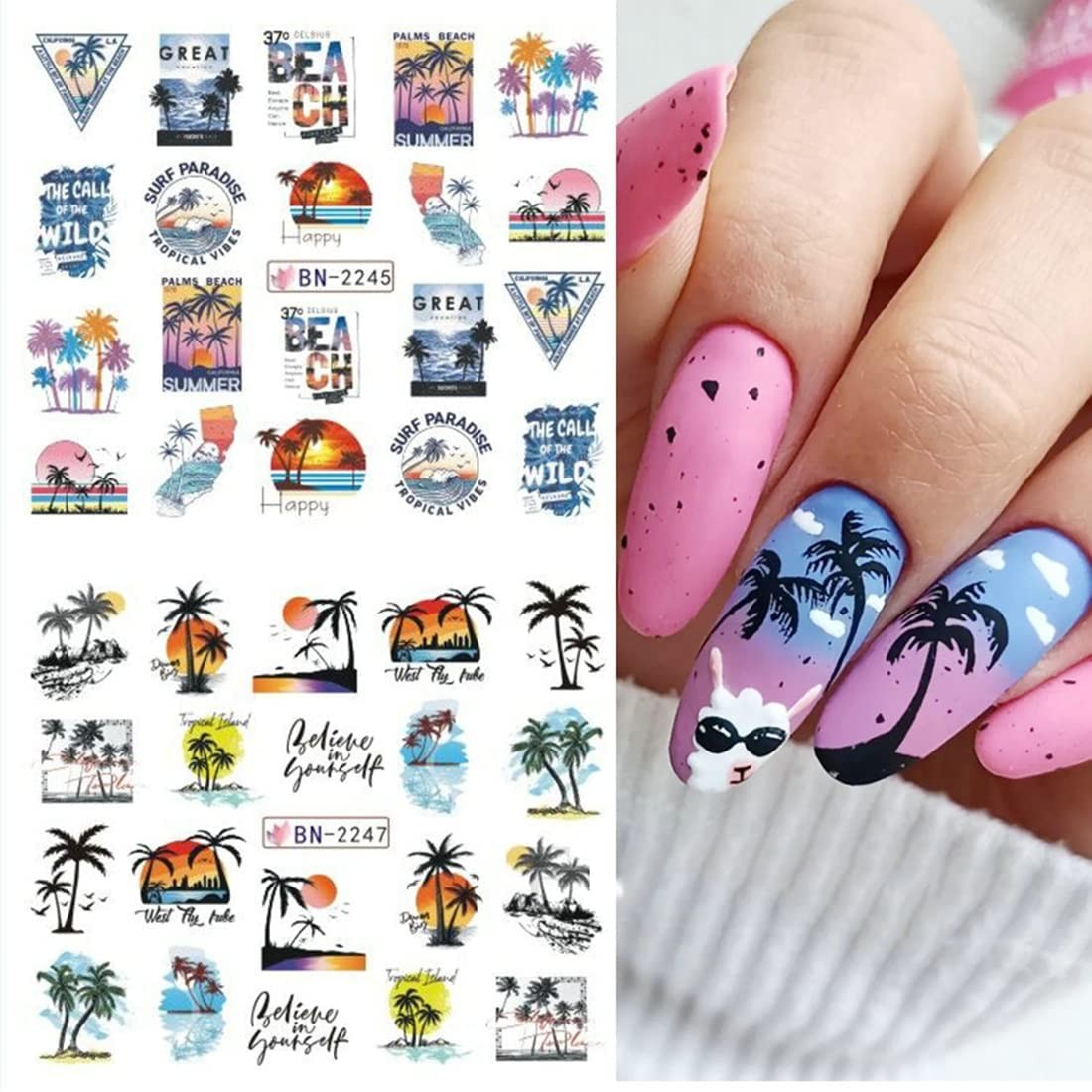 12pcs Summer Palm Tree Nail Art Stickers Decals Water Transfer Coconut Tree N…