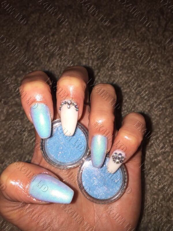 Nail Glitter Light Blue Mermaid Effect Iridescent Pearl Gold Shiny Mirror Nails