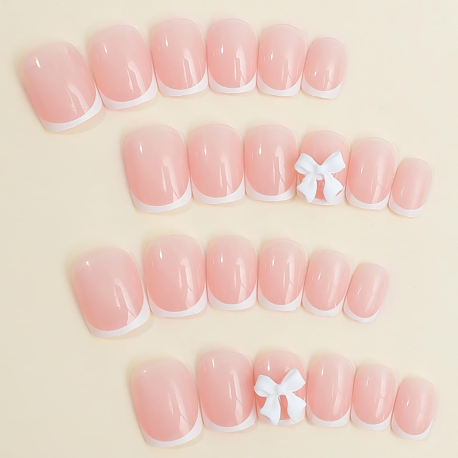 French Tip Press on Nails – Short Square Fake Nude False Nails With 3D Resin …