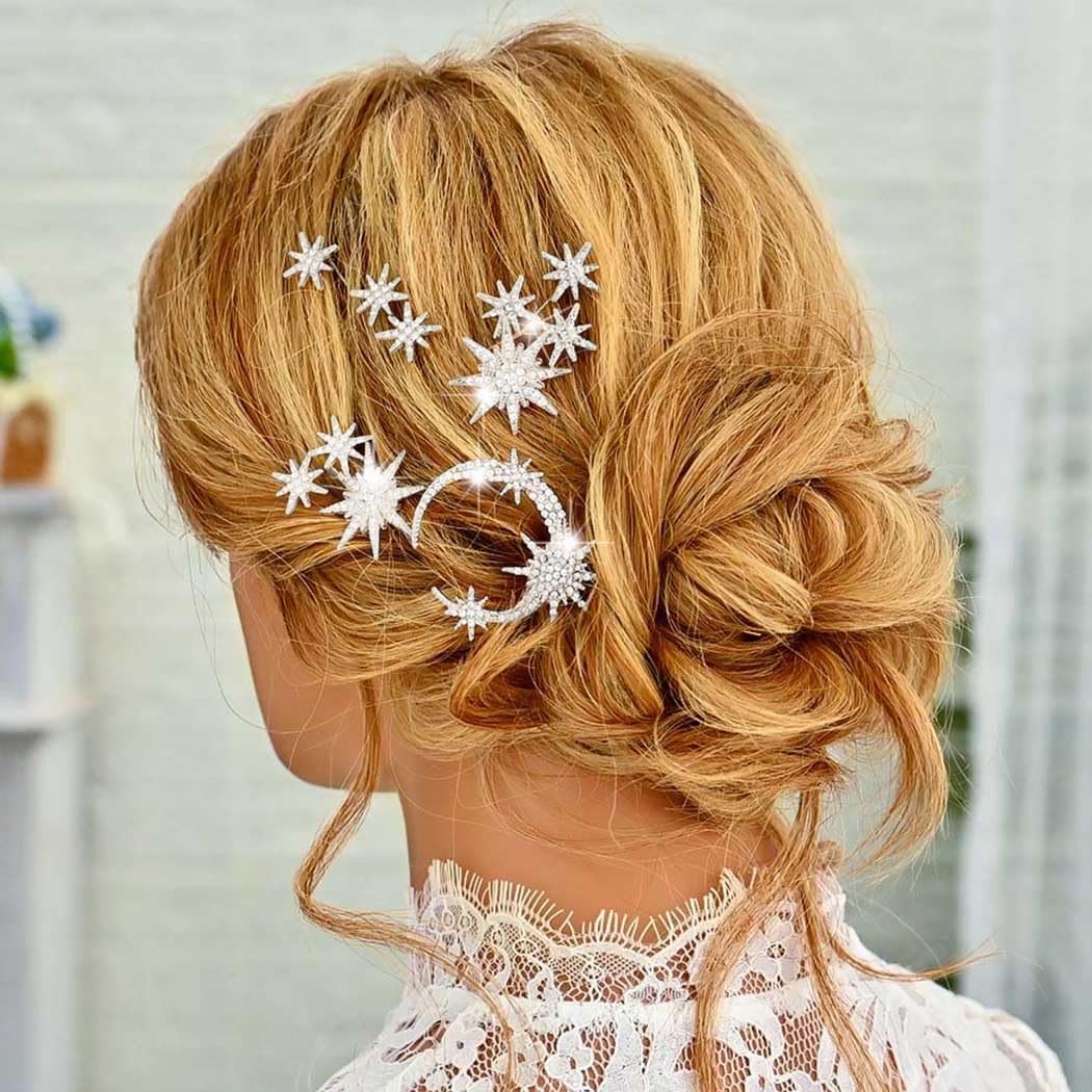 Unicra Star Moon Bride Wedding Hair Pins Crystal Bridal Pieces Silver
