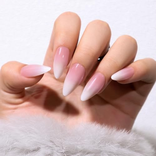 Ombre From Pearly White to Pink Press on Nails Medium Almond Glossy Ombre Pink