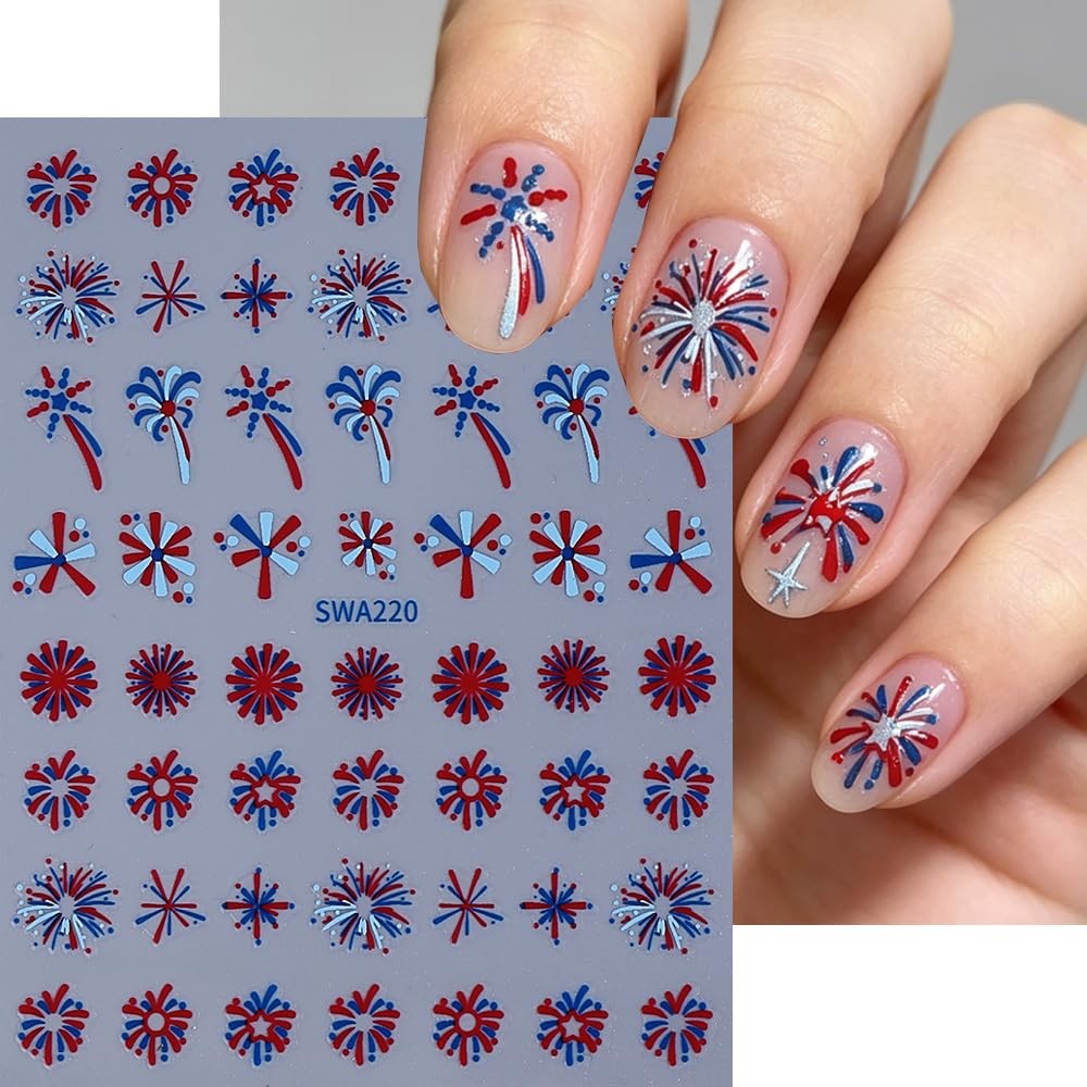 4th of July Fireworks Nail Stickers, Independence Day Nail Decals Blue Red Co…