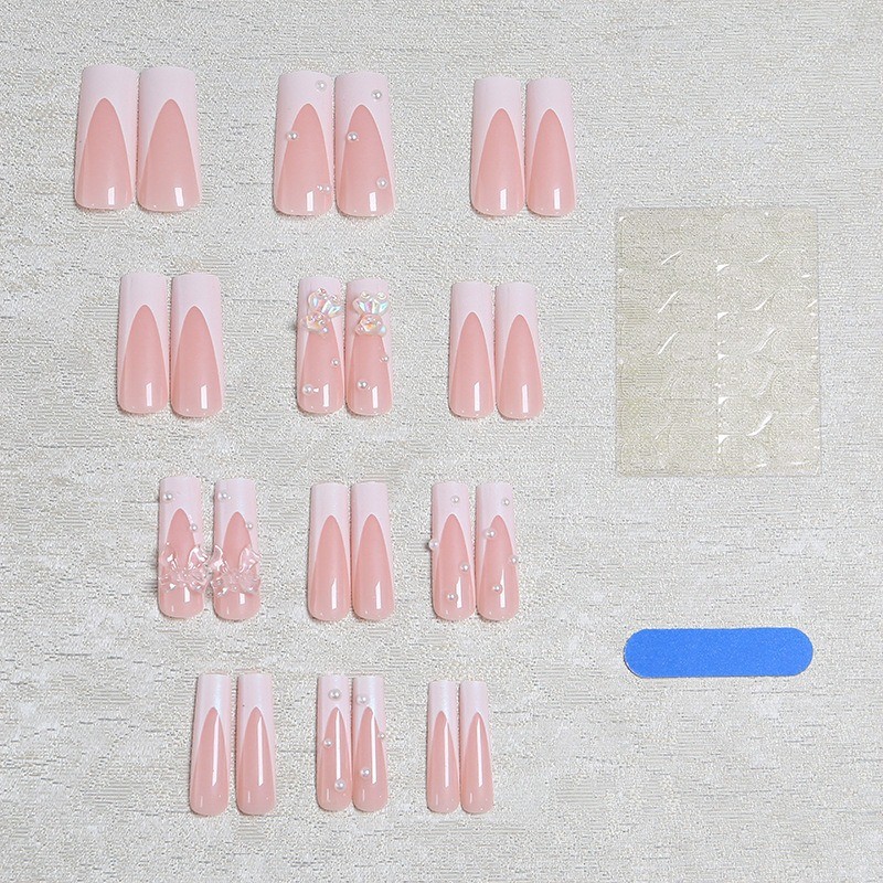 48pcs-Kawaii Long Coffin Nails with Nude Pink Base, White Tips and Bear Charms