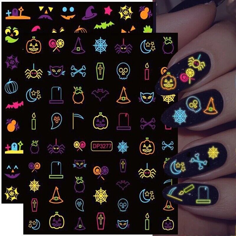 Luminous Halloween Pumpkin Ghost Skull 3D Nail Stickers Glow In Dark Decals NH16