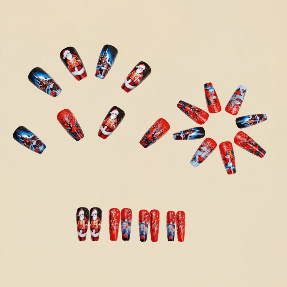 48Pcs Red Xmas Press on Nails Santa Snowman Cabin Hand Painted Fake Nails