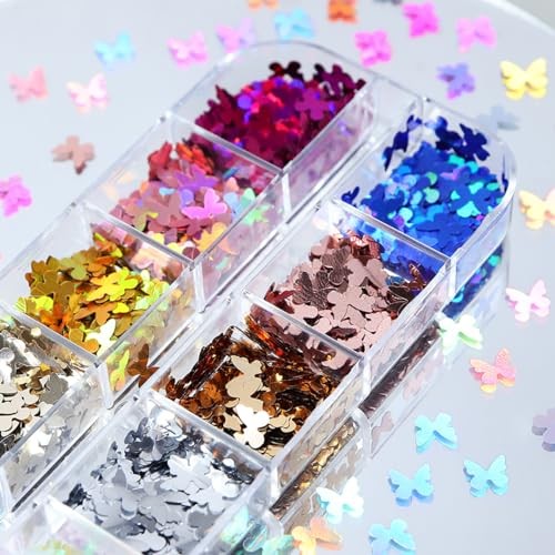 12 Grids Holographic Butterfly Nail Art Glitter Sequins 3D Sparkly Laser