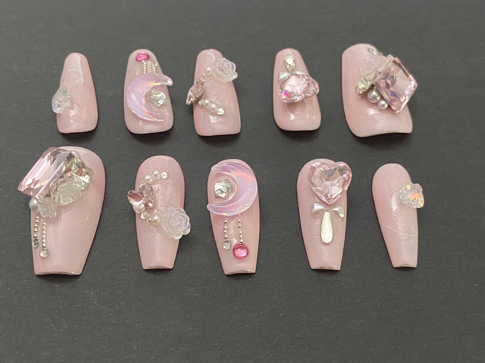 Diamond Shine Pink Nails- Custom Gel Press on Nails Handmade 10 pc set MEDIUM