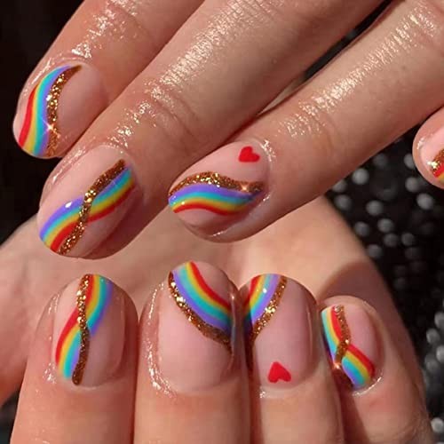 24Pcs Rainbow Fake Nails Squares – Glitter Short Nails – Set of 24