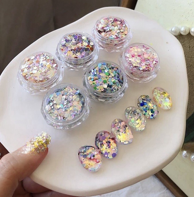 6Boxes 3D Holographic Nail Sequins Iridescent Glitter Foil Flakes Art Decoration
