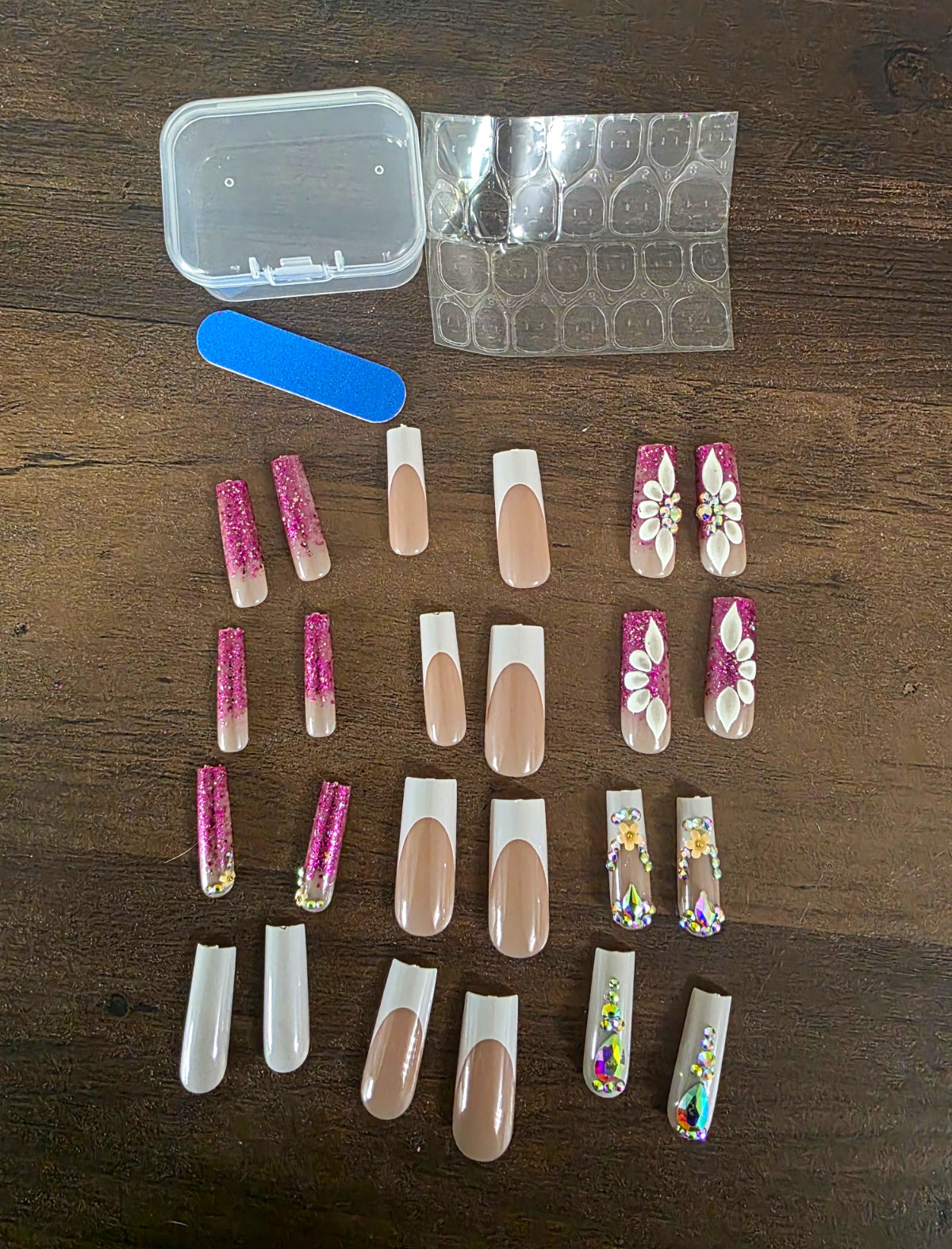 Long Square Full Cover Press-On Nails Pink Nude White Glitter Floral Set