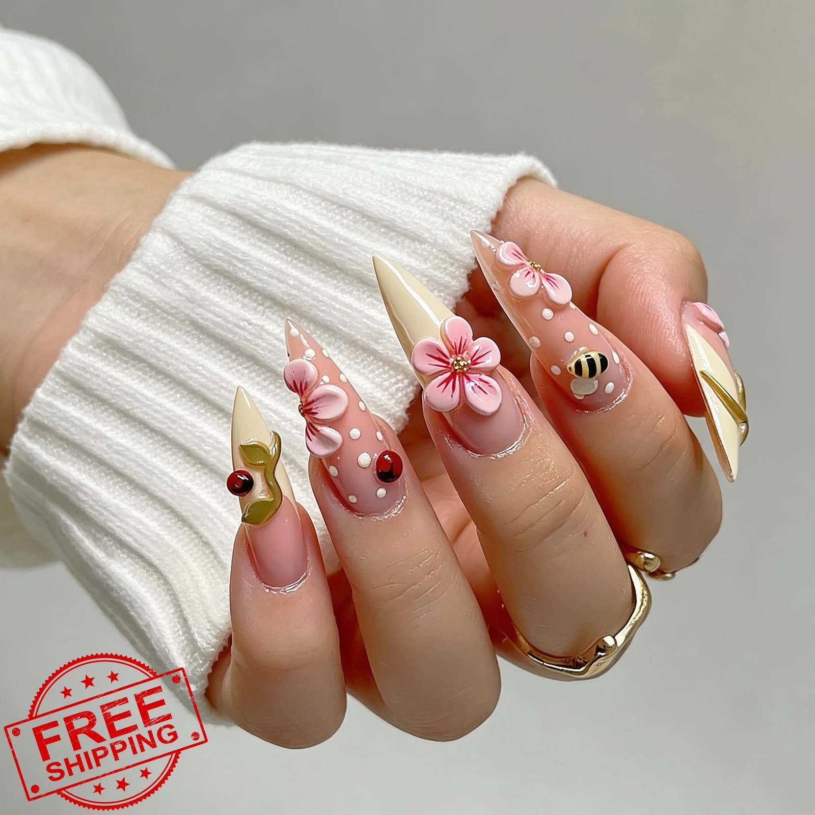 Tephrent Bee Ladybug 24pc Long Almond Nails