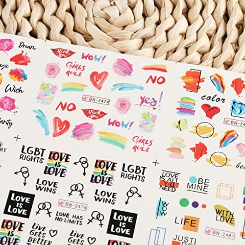 LGBT Gay Pride Nail Stickers Rainbow Love Heart Nail Decals English Lgbt-love