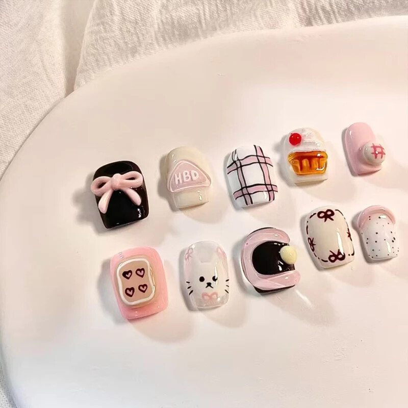 Handmade French Handpainted Cute Animal 3D Bow Fake Nail Short Press On Nail Set