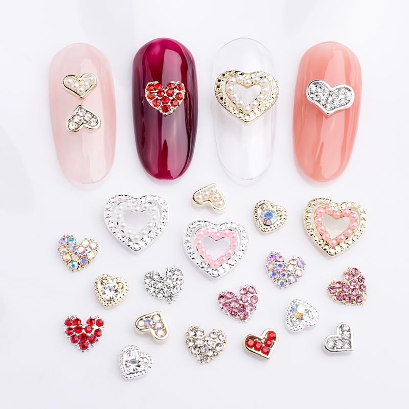 12Pcs Silver 3D Heart Nail Art Charms Rhinestones for Nails Valentine’s Decal…