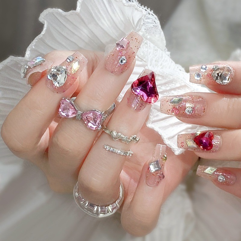 48pcs-Luxury Bling Press on Nails with 3D Heart Crystals and Glitter Overlay