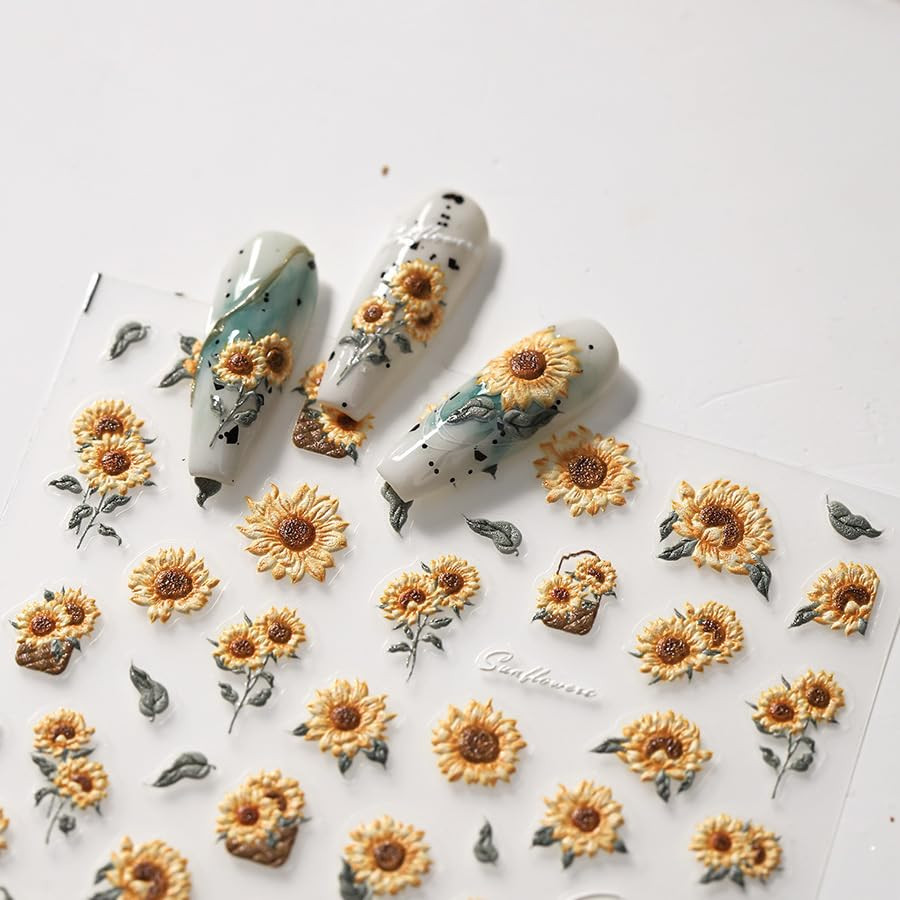 Flower Nail Art Stickers 5D Embossed Sunflower Nails Sticker for Nail Art Self-A