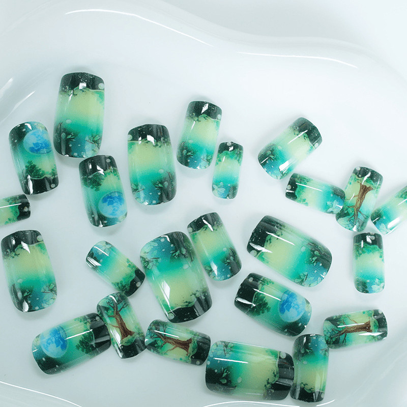 48Pcs Coffin Green Moon Forest Hand Painted Press on Nails Art Vacation Wear