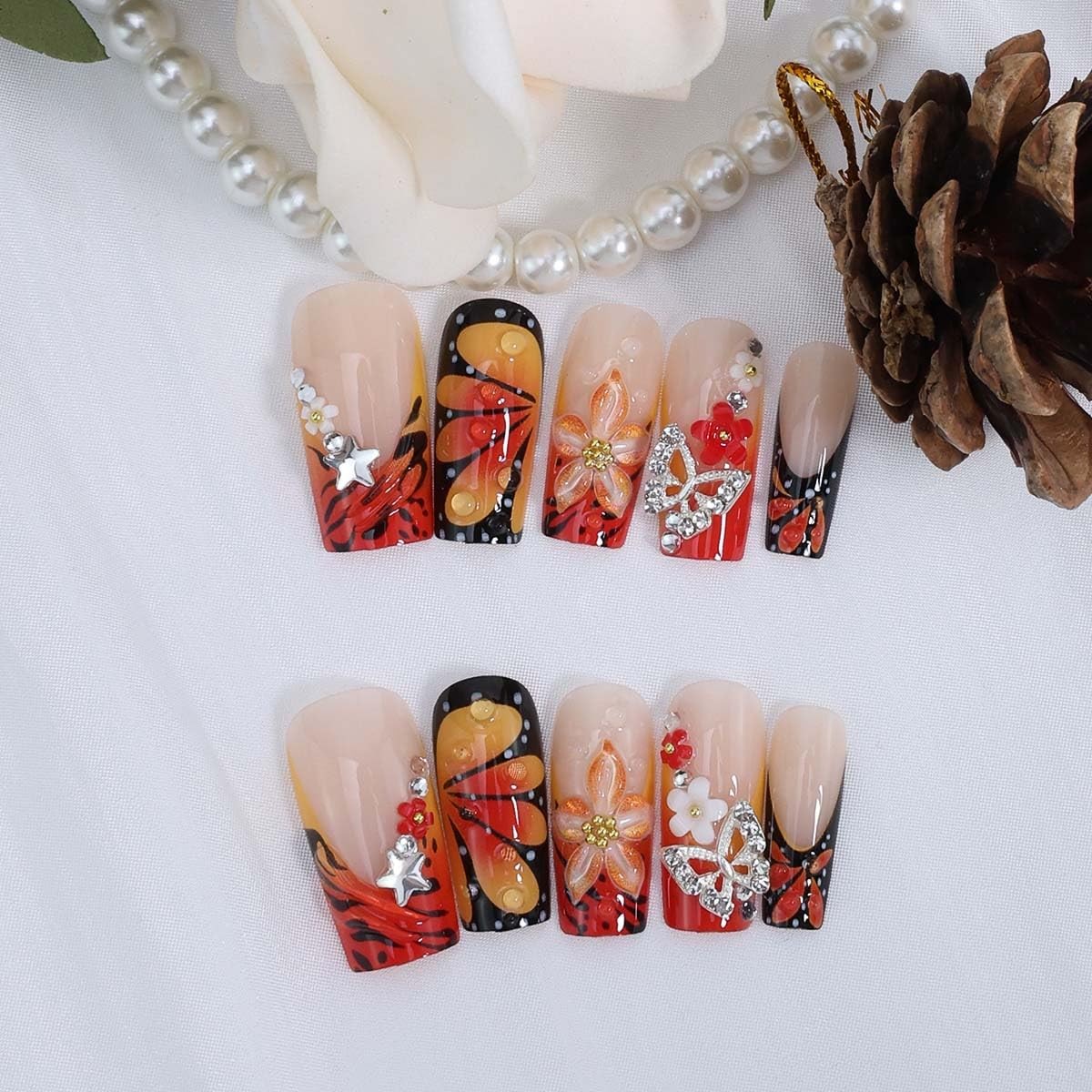 24Pcs Flower French Tip Press on Nails Long Square 3D Floral Butterfly Fake N…