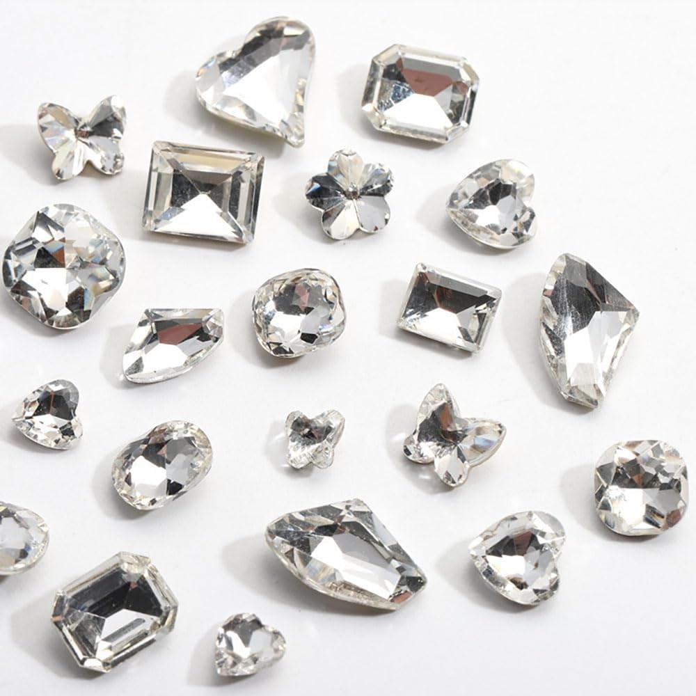 48Pcs Clear White 3D Nail Rhinestones Charms, Heart Butterfly Star Flower