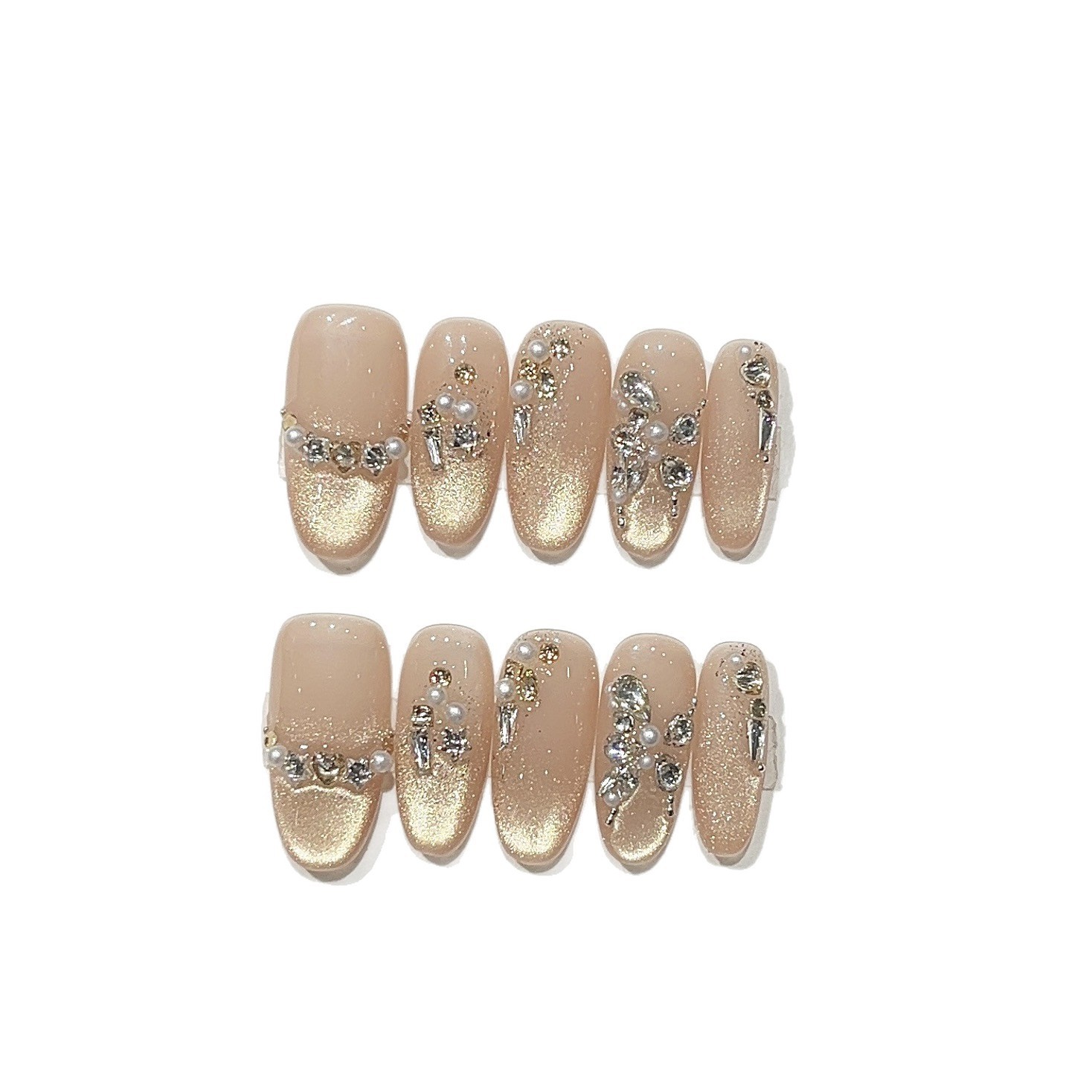 10Pcs Handmade Gold Cat Eye Nails Butterfly Rhinestone Luxury Party