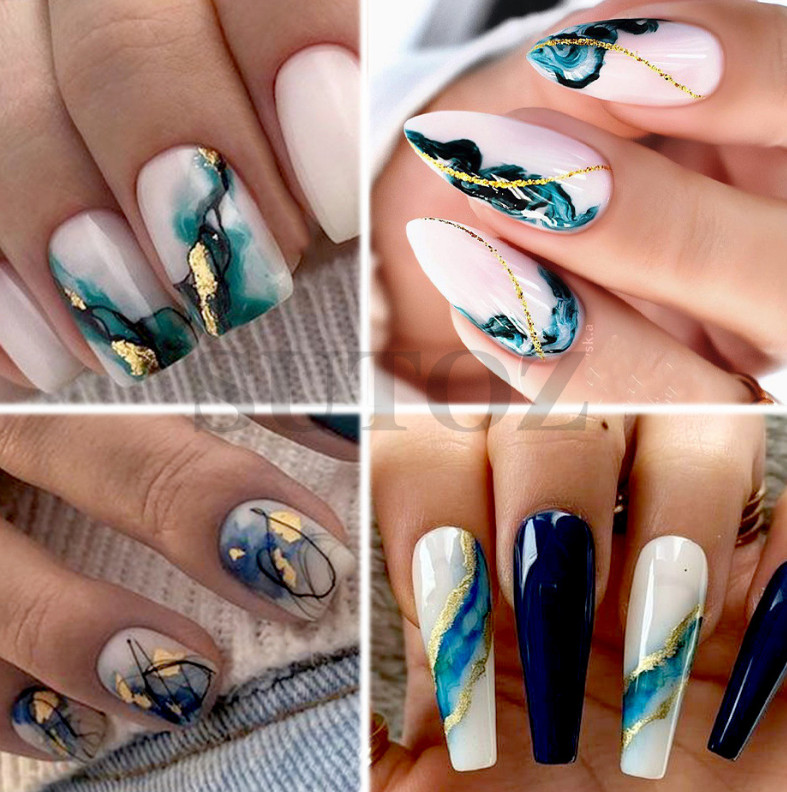 Gold Edge 3D Self Adhesive Nail Art French Lines Marbles Hearts Eyes Design NS43