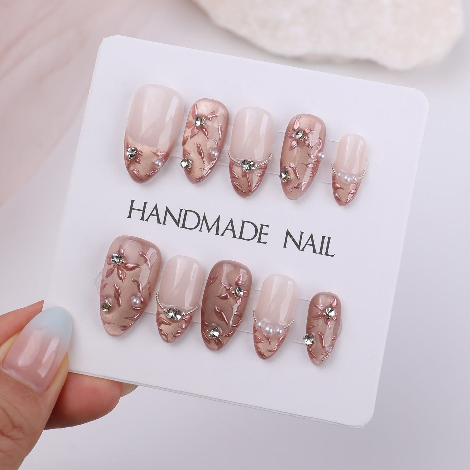 Press On Nails Medium Almond Nude Pink Floral Pearl Rhinestone Wedding Nail Set