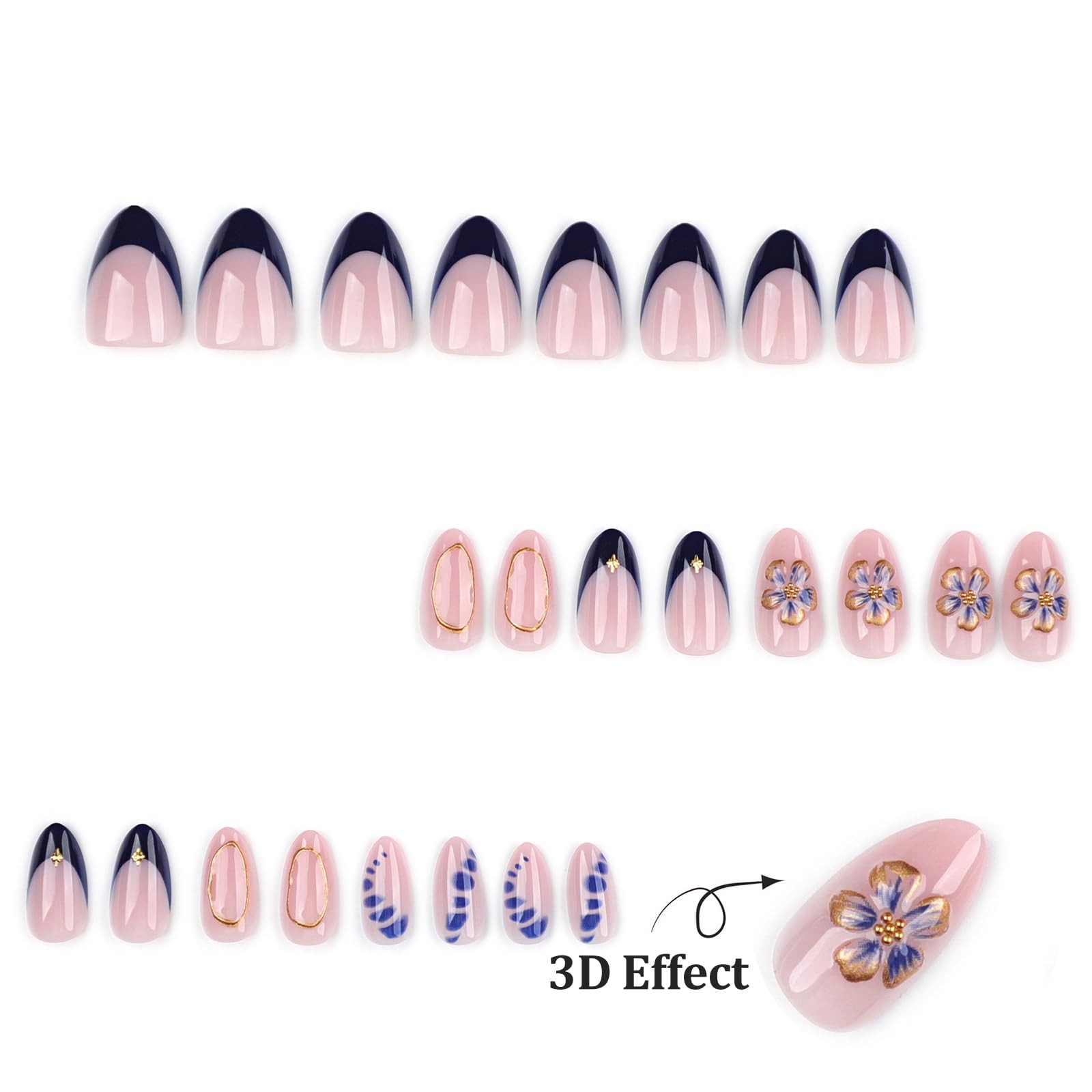 24Pcs Summer Flower Press on Nails Medium Almond Fake Nails with 3D Flower Be…