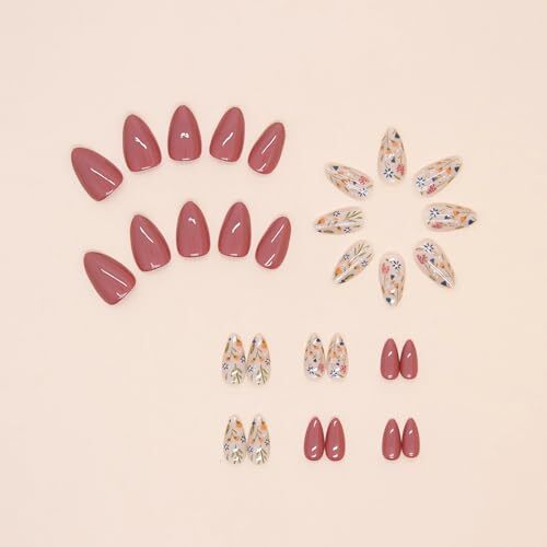 Short Press on Nails Almond Brown Flower Nails Press Ons Extra Short style6