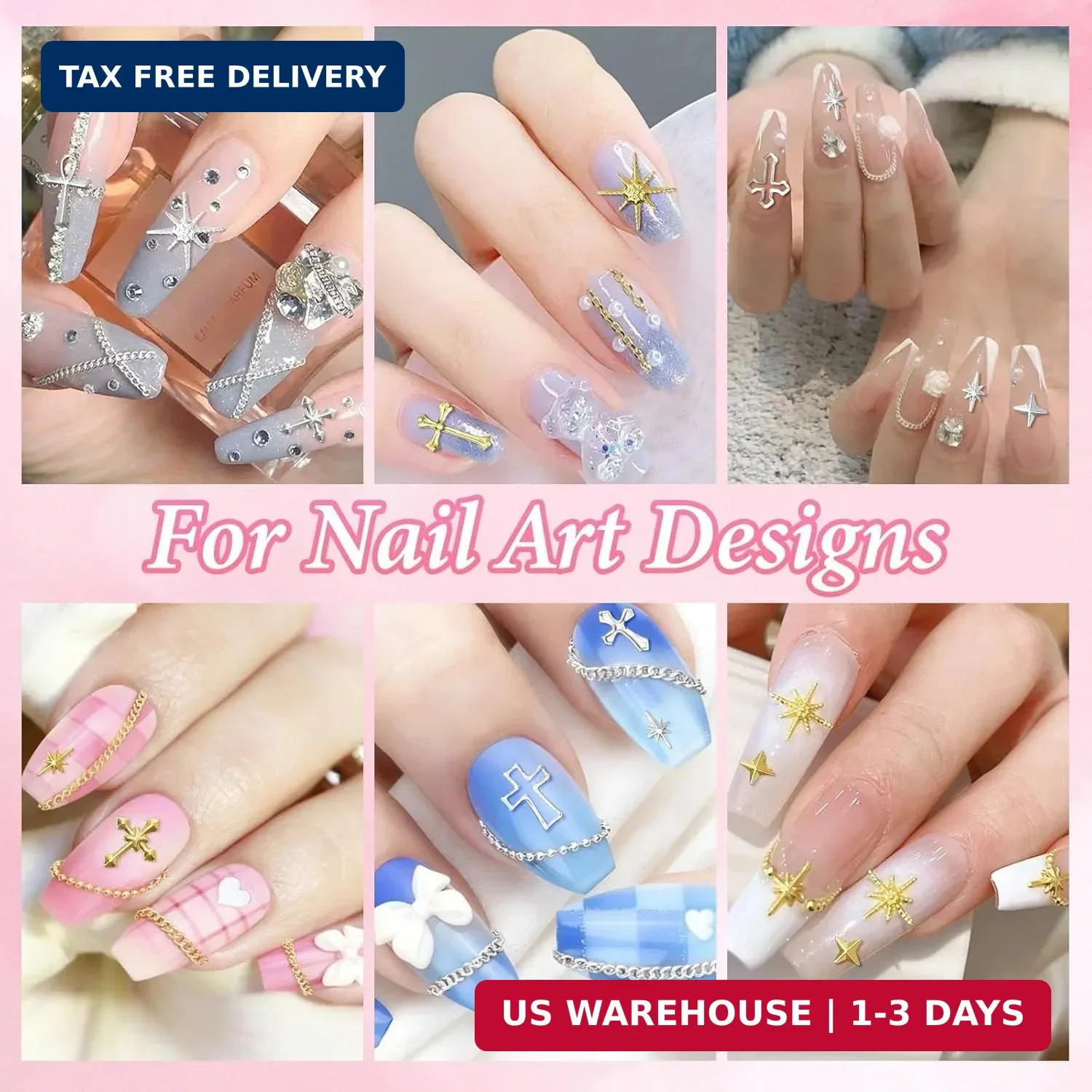 Gold Silver Caviar Nail Beads, 3D Starburst Chain Cross Nail Charms, Alloy Star