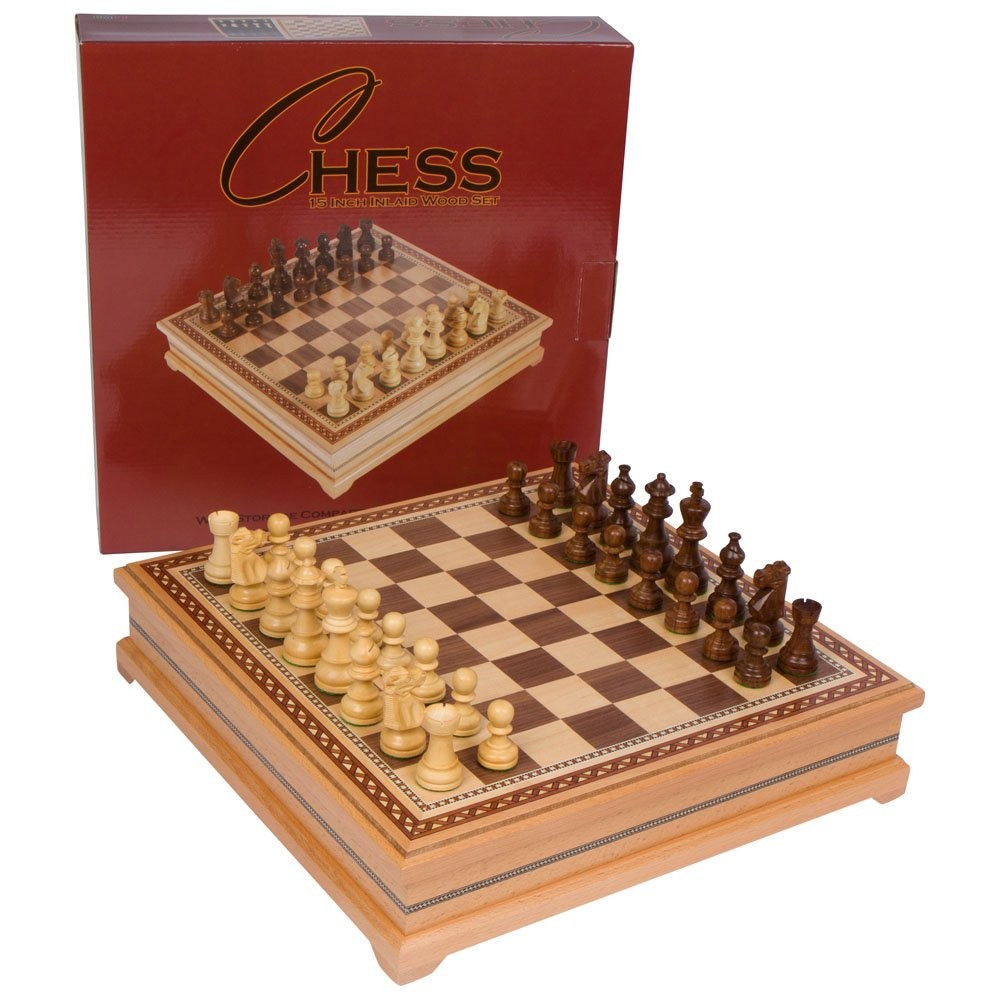 Helen Chess Inlaid Wood Board Game Set with Weighted Large (15 x 15 inches)