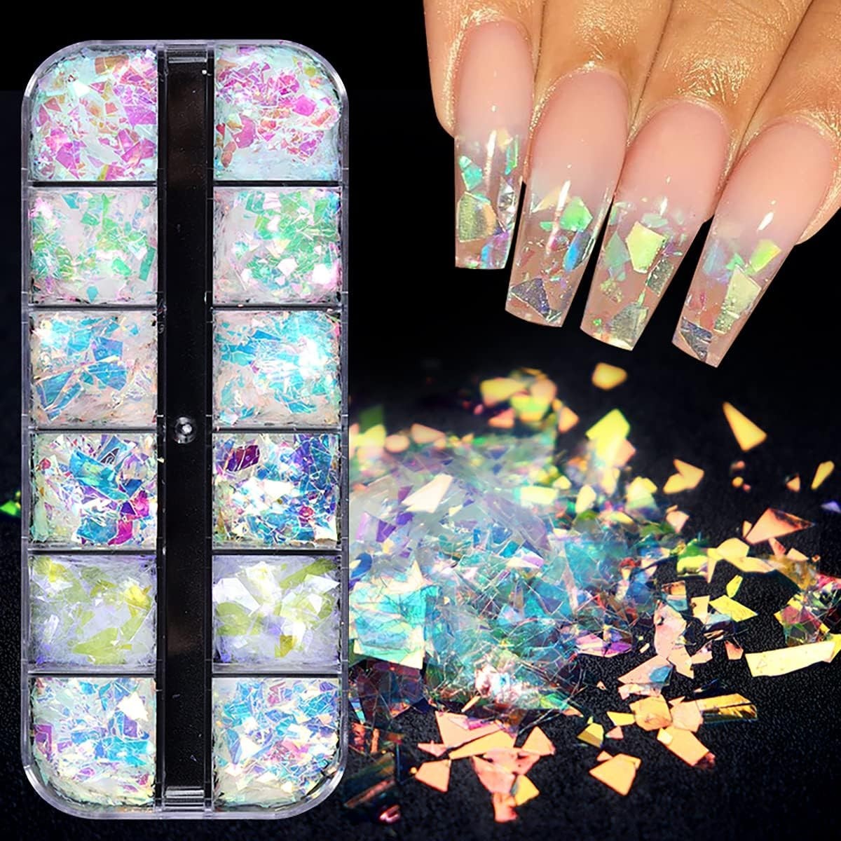 12 Colors Iridescent Ice Slag Nail Art Glitter Sequins for DIY Nail Designs