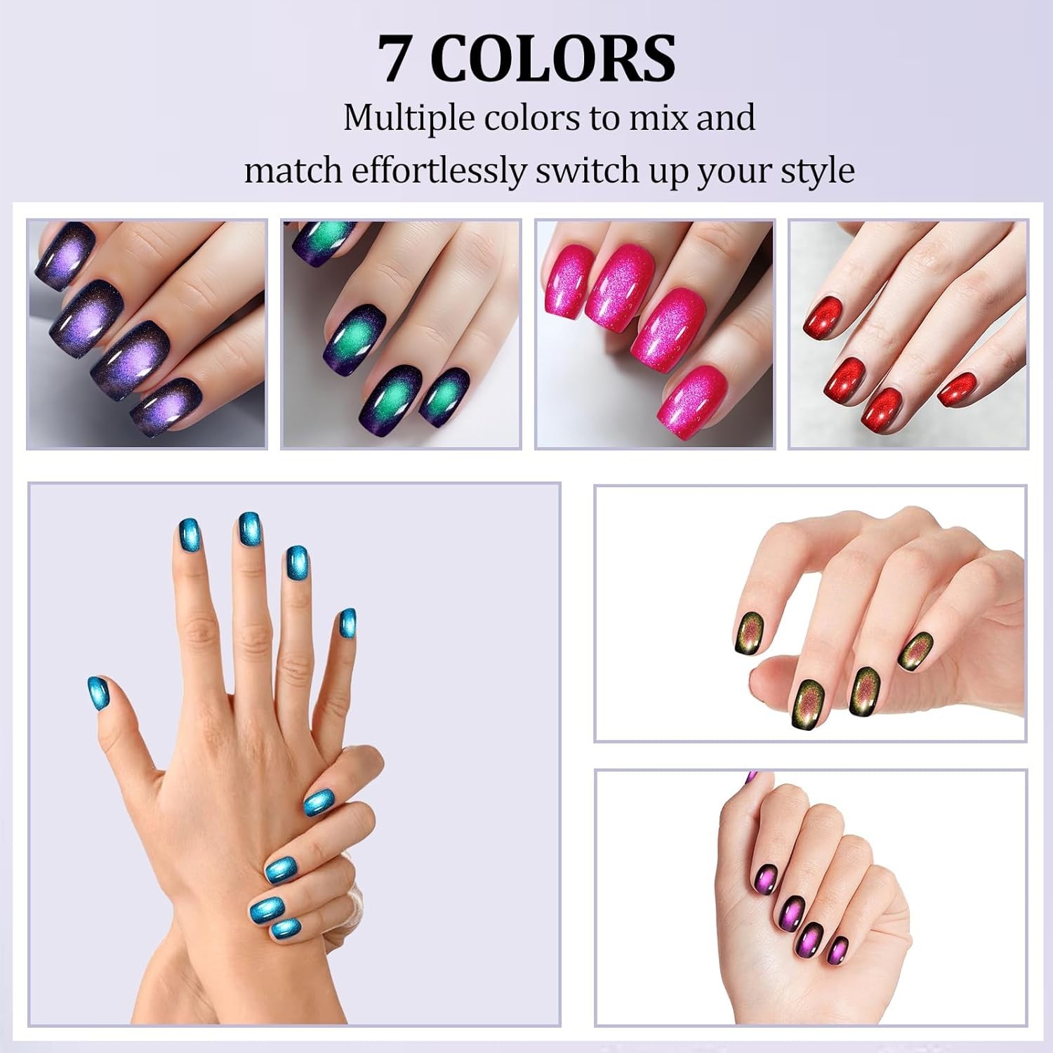 210Pcs Cat Eye Press on Nails for Women 7 Colors Glossy Glitter Black Hole Short