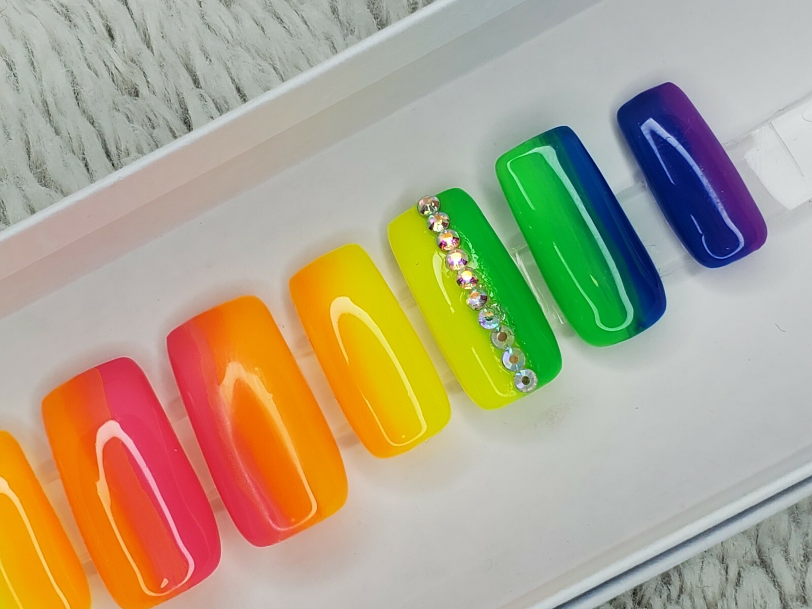 Neon Rainbow bling nails crystal pride set Press On nails diamond long square
