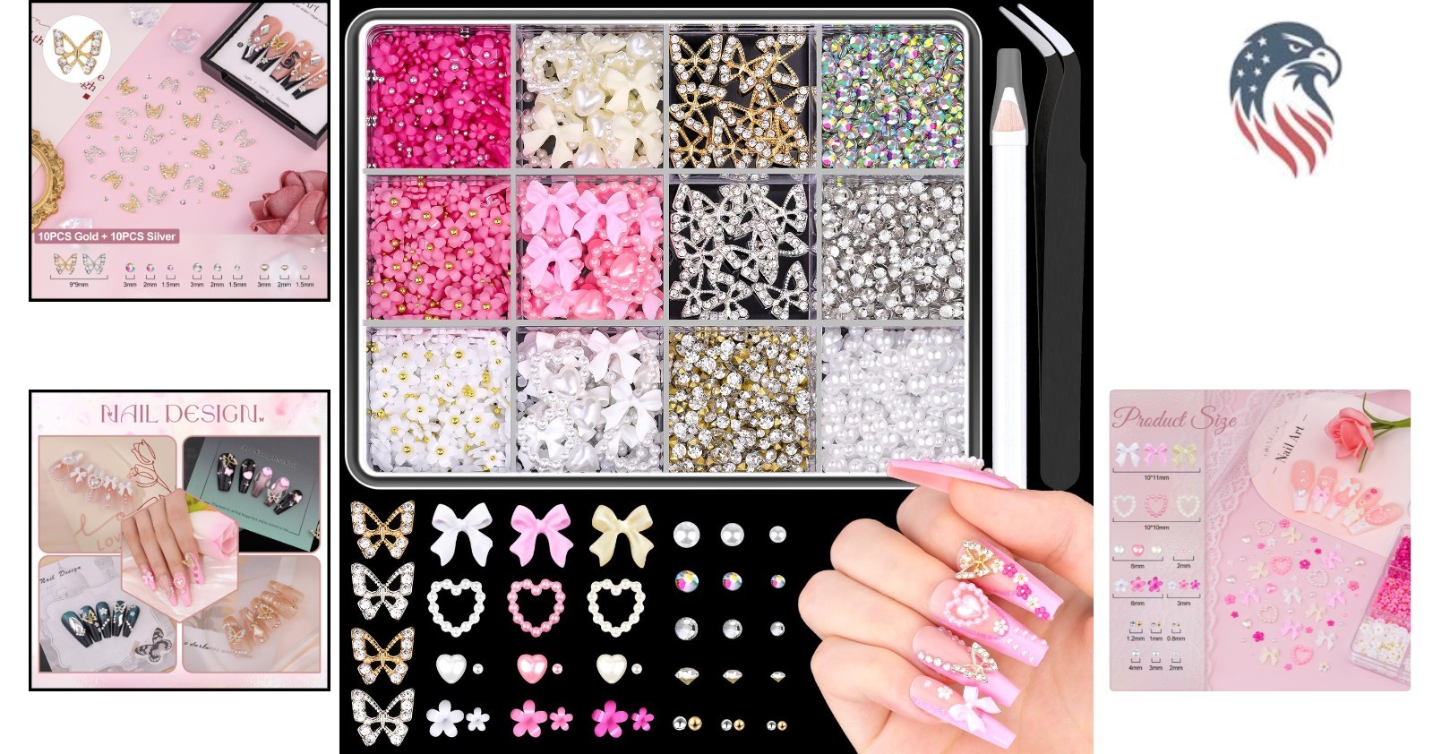 Nail Charms Set Compatible with Nail Art 3D Flowers Butterflies Bows Rhinestones
