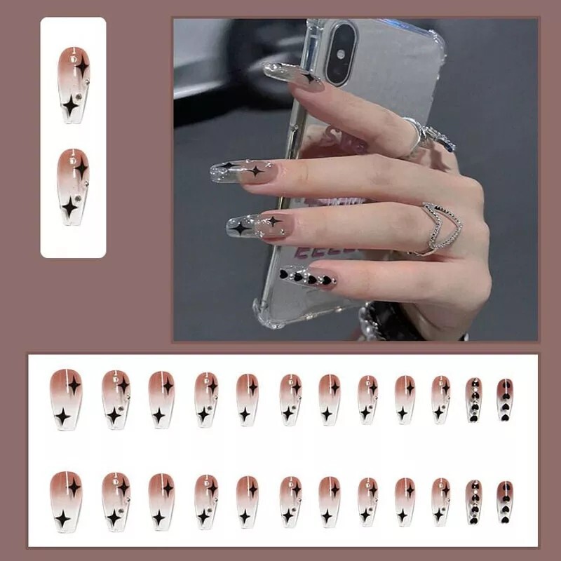 24 Jelly bling Press on nails with glue black stars Coffin ombre clear