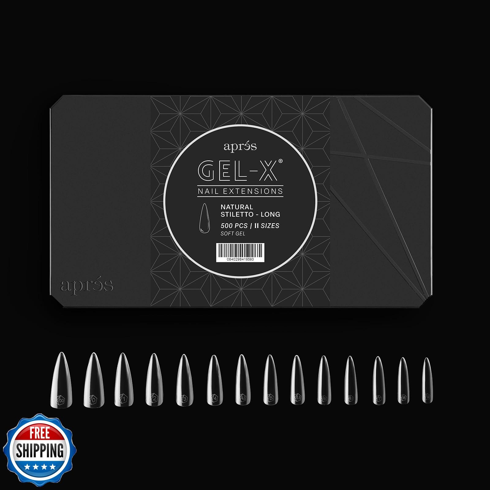 Aprés Gel-X® Natural Stiletto Long Tip Box | 500pc Gel-X Tips, 11 Sizes 00-9,