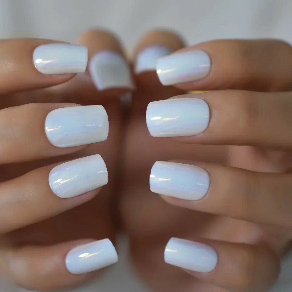 Icy White Press on Nails Holographic with glue short chrome chameleon