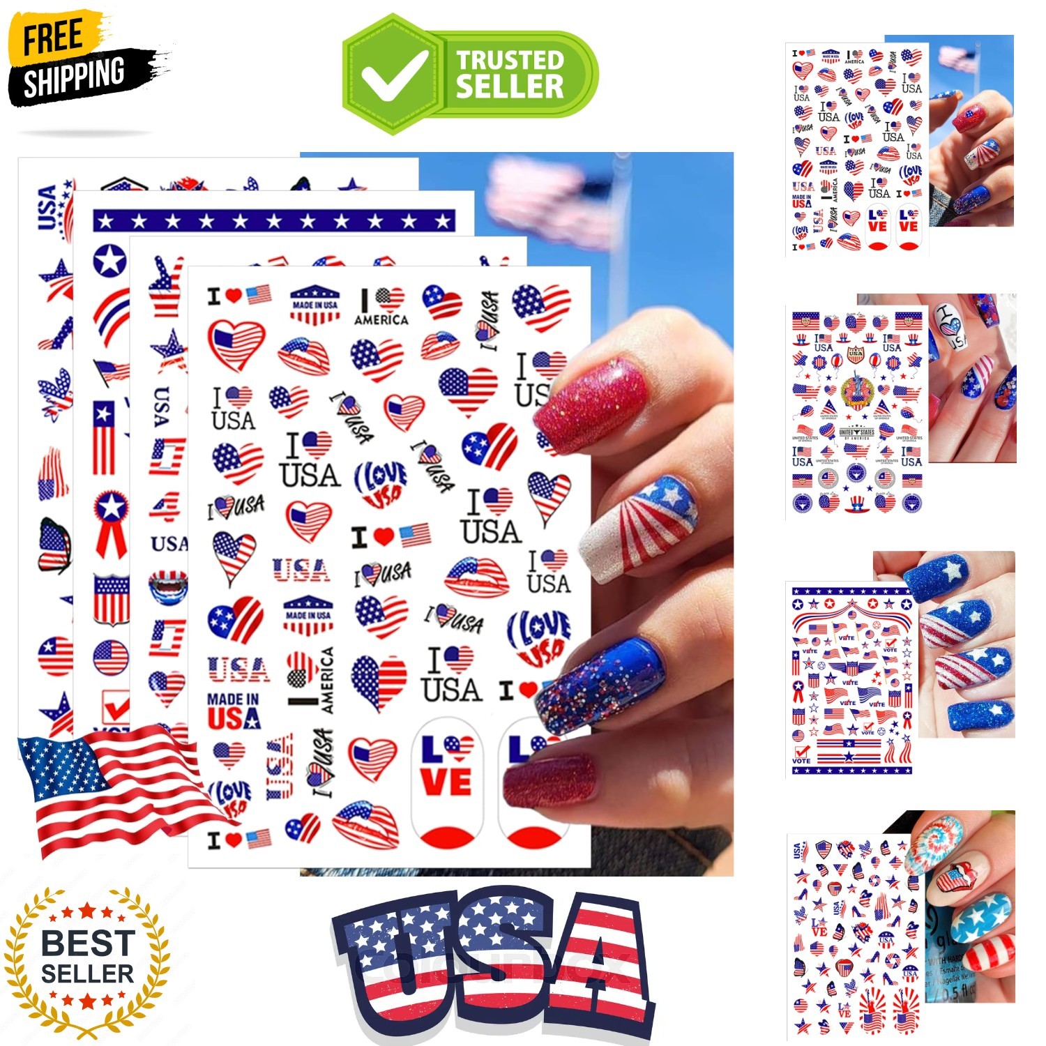 8 Sheets 4th of July Nail Stickers, Independence Day Patriotic Nail Decals, 3…