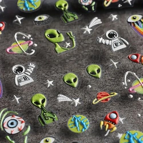 Embossed Alien Nail Art Stickers – 5D ET UFO Astronaut Rocket Design Self
